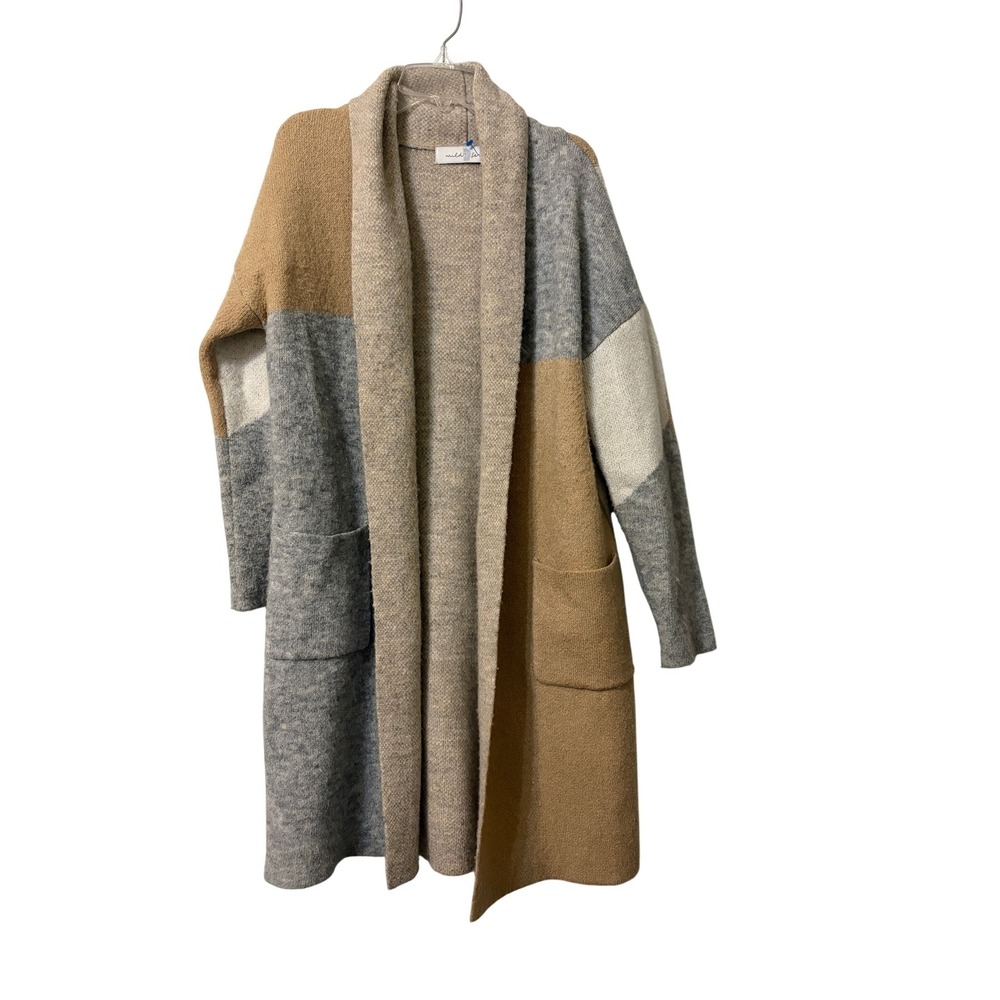 Wild Fable Colorblock Longline Cardigan Sweater Tan Grey Wool Blend Small Patch